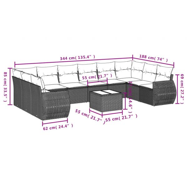 11-tlg. Garten-Sofagarnitur mit Kissen Grau Poly Rattan