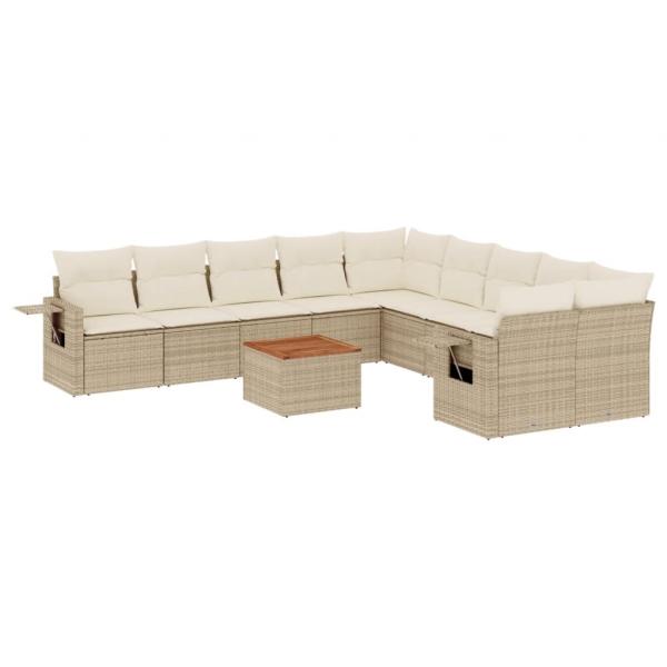 11-tlg. Garten-Sofagarnitur mit Kissen Beige Poly Rattan