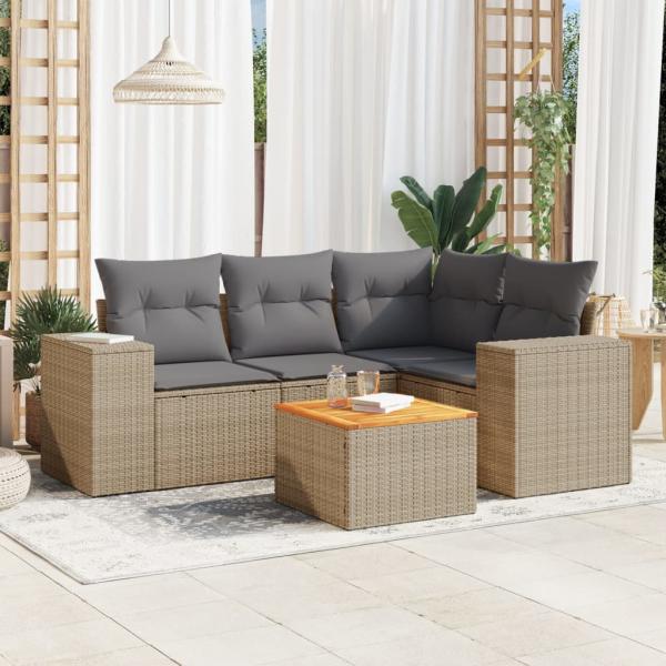 ARDEBO.de - 5-tlg. Garten-Sofagarnitur mit Kissen Beige Poly Rattan