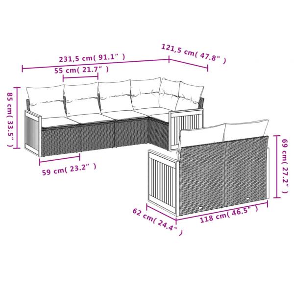 7-tlg. Garten-Sofagarnitur mit Kissen Grau Poly Rattan