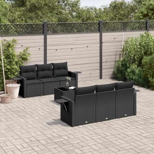 ARDEBO.de - 7-tlg. Garten-Sofagarnitur mit Kissen Schwarz Poly Rattan