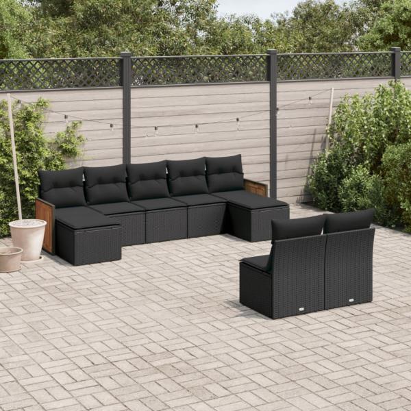 ARDEBO.de - 9-tlg. Garten-Sofagarnitur mit Kissen Schwarz Poly Rattan