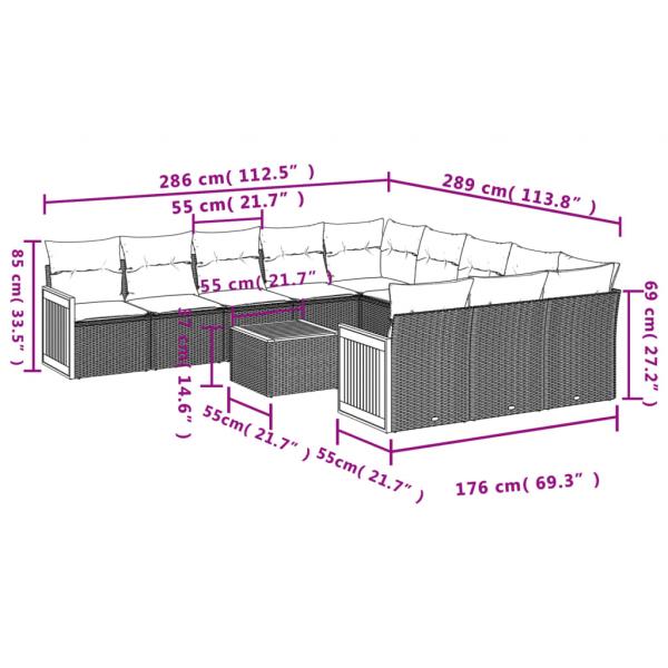 12-tlg. Garten-Sofagarnitur mit Kissen Grau Poly Rattan