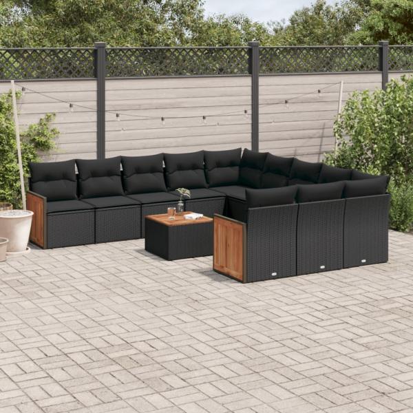 ARDEBO.de - 12-tlg. Garten-Sofagarnitur mit Kissen Schwarz Poly Rattan