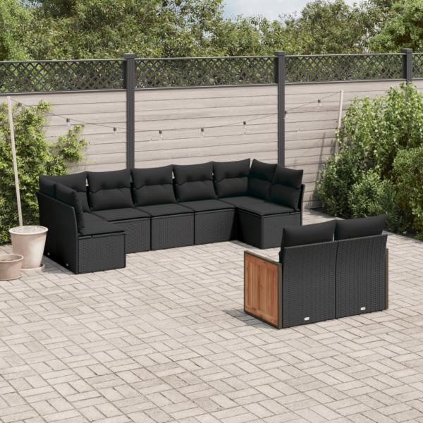 ARDEBO.de - 9-tlg. Garten-Sofagarnitur mit Kissen Schwarz Poly Rattan