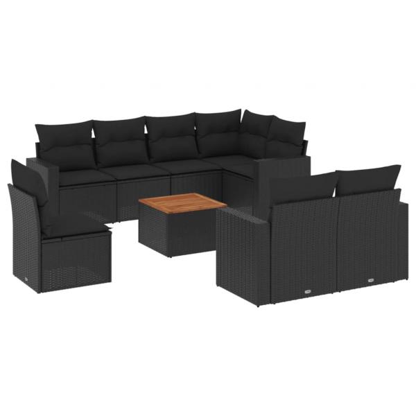 9-tlg. Garten-Sofagarnitur mit Kissen Schwarz Poly Rattan