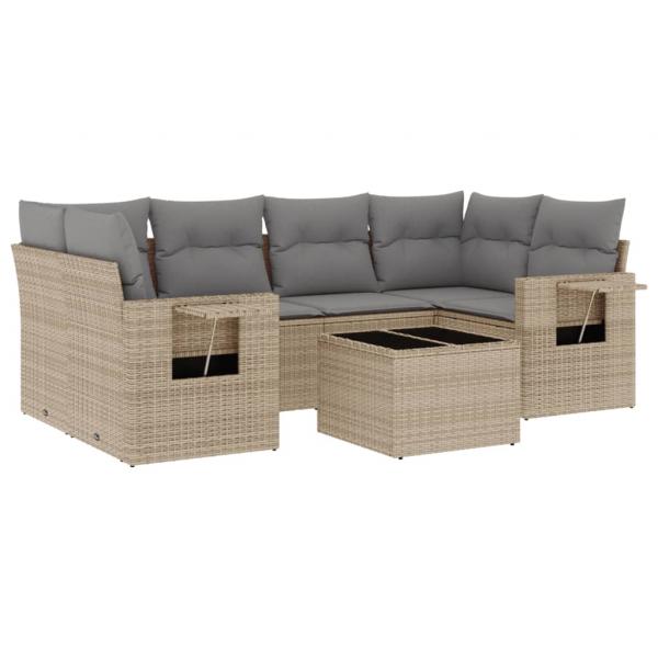 7-tlg. Garten-Sofagarnitur mit Kissen Beige Poly Rattan