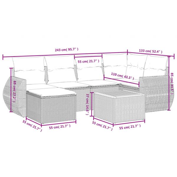 7-tlg. Garten-Sofagarnitur mit Kissen Schwarz Poly Rattan