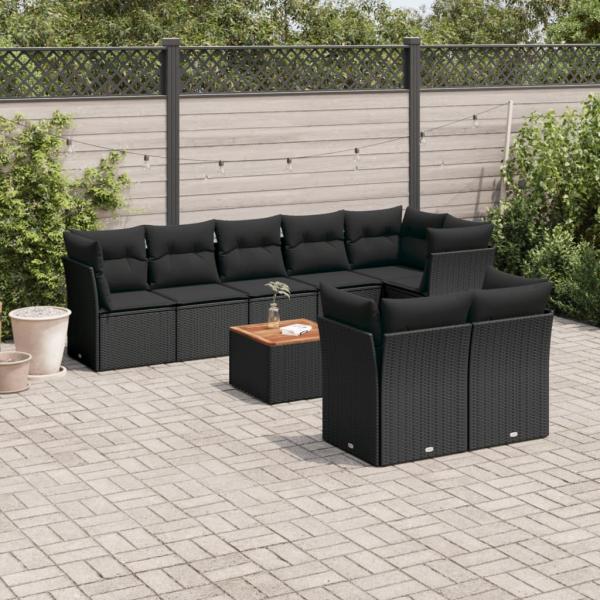 ARDEBO.de - 9-tlg. Garten-Sofagarnitur mit Kissen Schwarz Poly Rattan