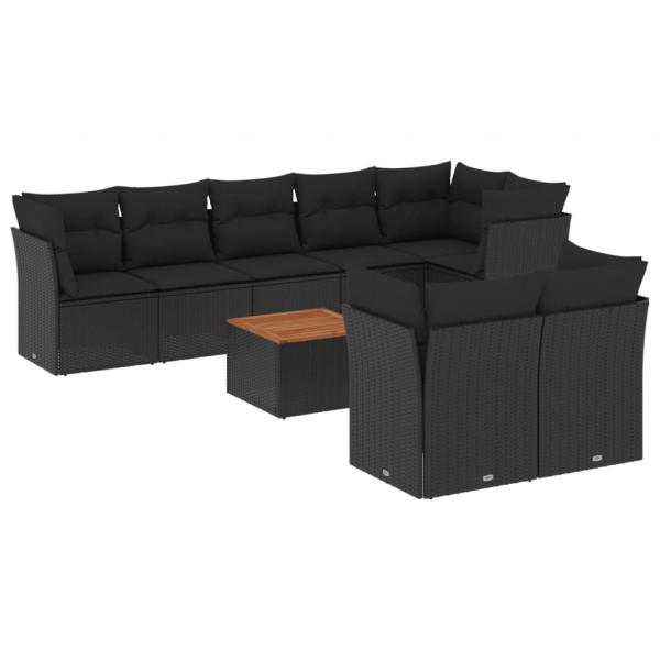 9-tlg. Garten-Sofagarnitur mit Kissen Schwarz Poly Rattan