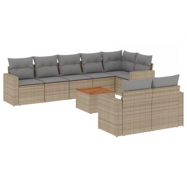 9-tlg. Garten-Sofagarnitur mit Kissen Beige Poly Rattan