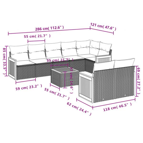 9-tlg. Garten-Sofagarnitur mit Kissen Grau Poly Rattan