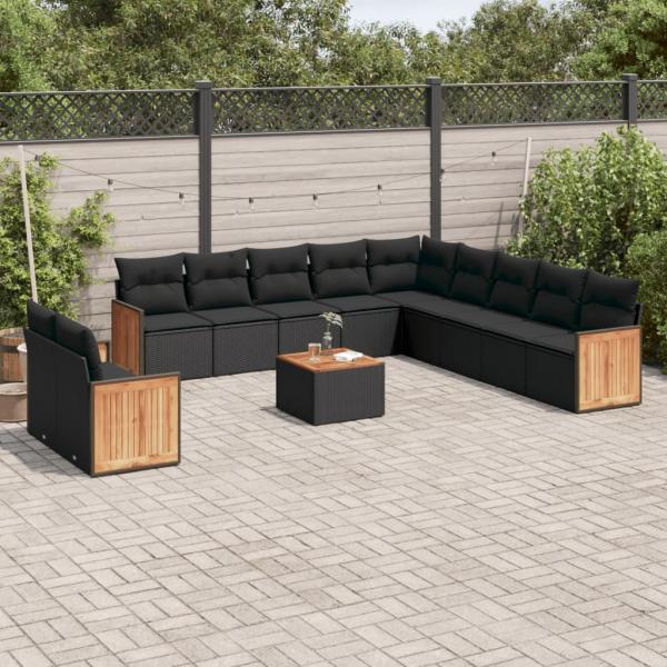 ARDEBO.de - 12-tlg. Garten-Sofagarnitur mit Kissen Schwarz Poly Rattan