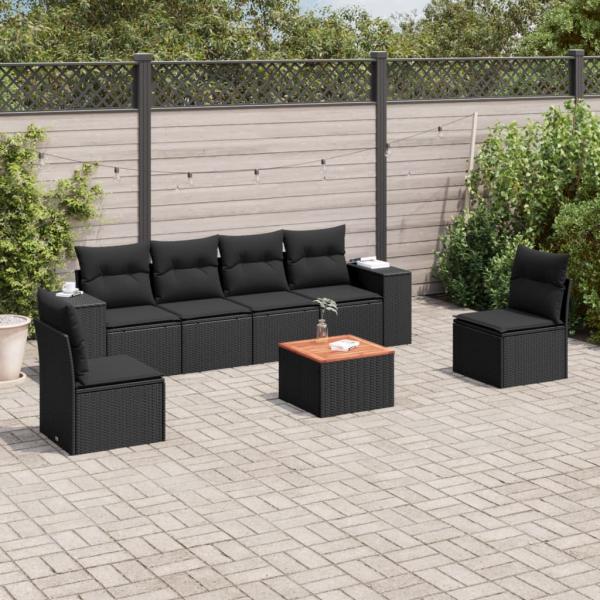 ARDEBO.de - 7-tlg. Garten-Sofagarnitur mit Kissen Schwarz Poly Rattan