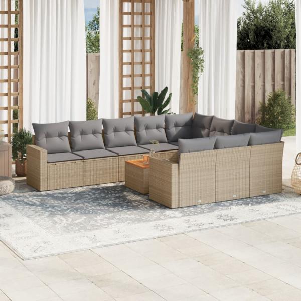 ARDEBO.de - 11-tlg. Garten-Sofagarnitur mit Kissen Beige Poly Rattan