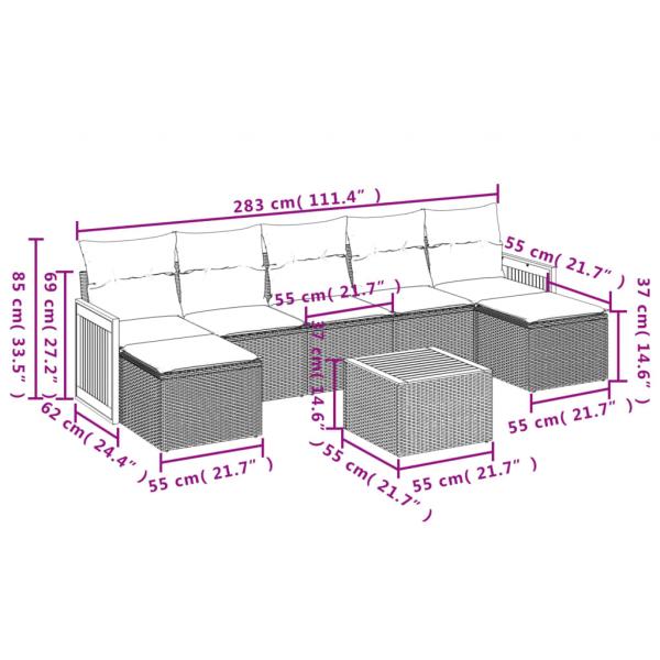 8-tlg. Garten-Sofagarnitur mit Kissen Grau Poly Rattan