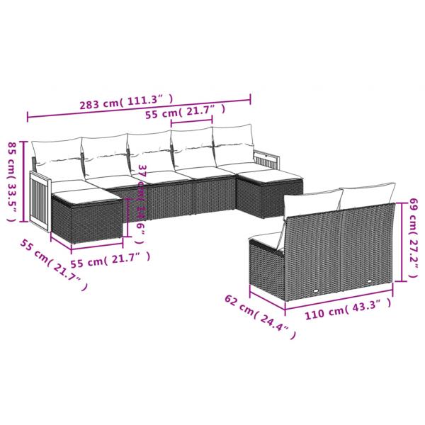 9-tlg. Garten-Sofagarnitur mit Kissen Grau Poly Rattan