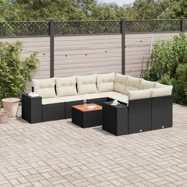 ARDEBO.de - 9-tlg. Garten-Sofagarnitur mit Kissen Schwarz Poly Rattan