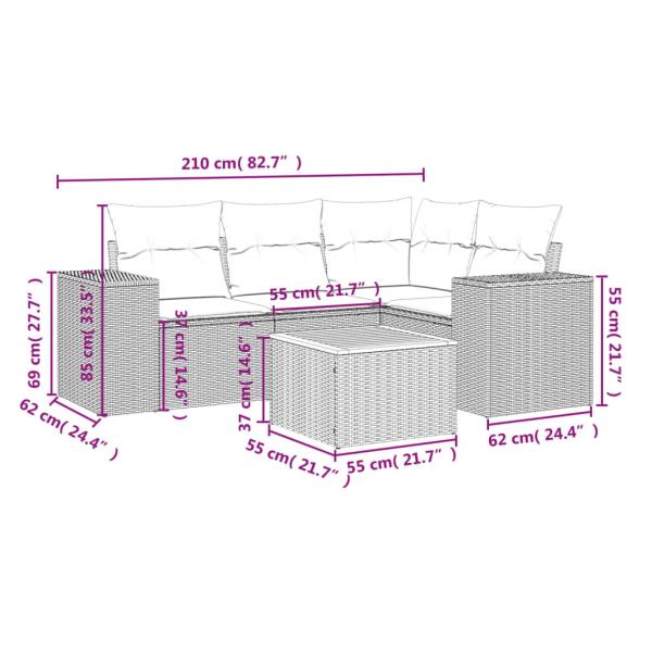 5-tlg. Garten-Sofagarnitur mit Kissen Grau Poly Rattan