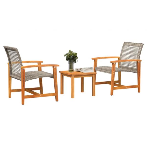 3-tlg. Bistro-Set Grau Poly Rattan und Akazienholz