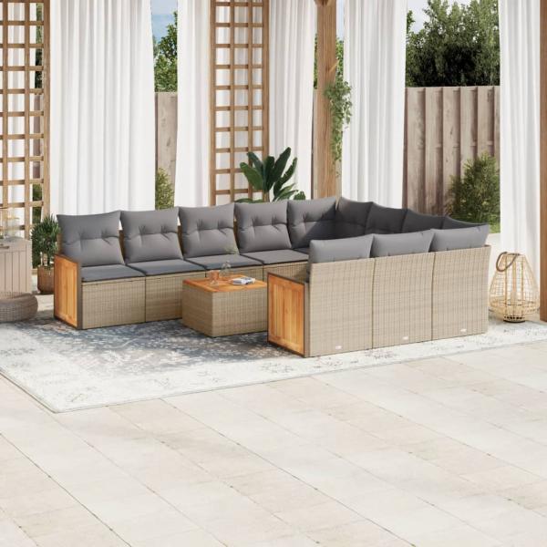 ARDEBO.de - 11-tlg. Garten-Sofagarnitur mit Kissen Beige Poly Rattan