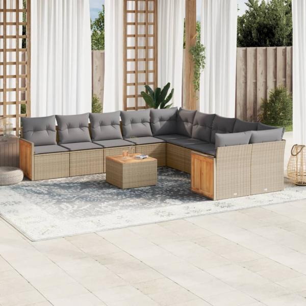 ARDEBO.de - 11-tlg. Garten-Sofagarnitur mit Kissen Beige Poly Rattan