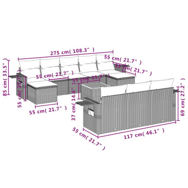 11-tlg. Garten-Sofagarnitur mit Kissen Grau Poly Rattan