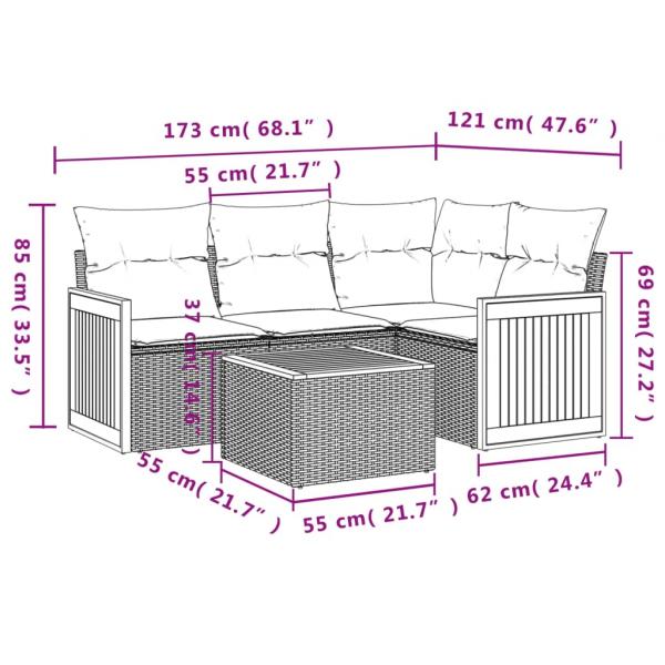 5-tlg. Garten-Sofagarnitur mit Kissen Grau Poly Rattan