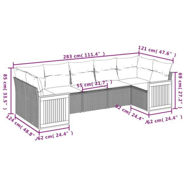 7-tlg. Garten-Sofagarnitur mit Kissen Grau Poly Rattan