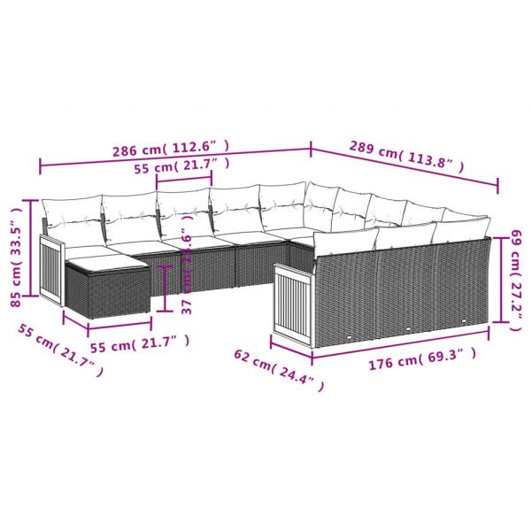 12-tlg. Garten-Sofagarnitur mit Kissen Schwarz Poly Rattan