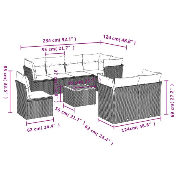 9-tlg. Garten-Sofagarnitur mit Kissen Schwarz Poly Rattan