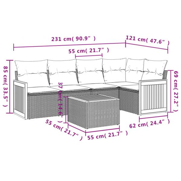 6-tlg. Garten-Sofagarnitur mit Kissen Grau Poly Rattan