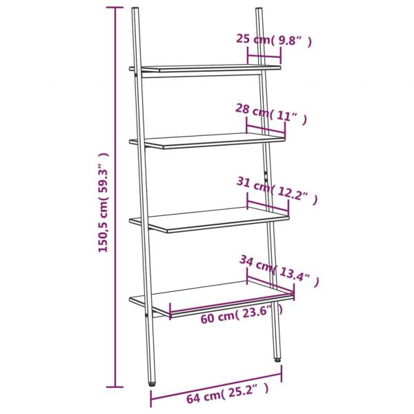 Leiterregal mit 4 Böden Hellbraun und Schwarz 64x34x150,5 cm