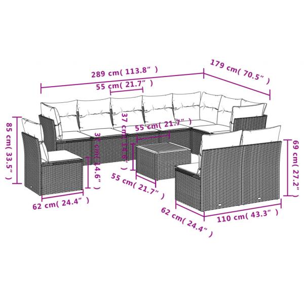 11-tlg. Garten-Sofagarnitur mit Kissen Beige Poly Rattan