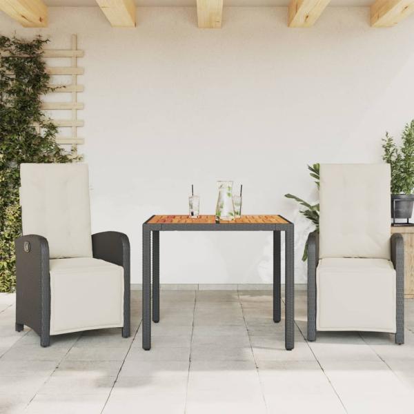 ARDEBO.de - 3-tlg. Bistro-Set mit Kissen Schwarz Poly Rattan