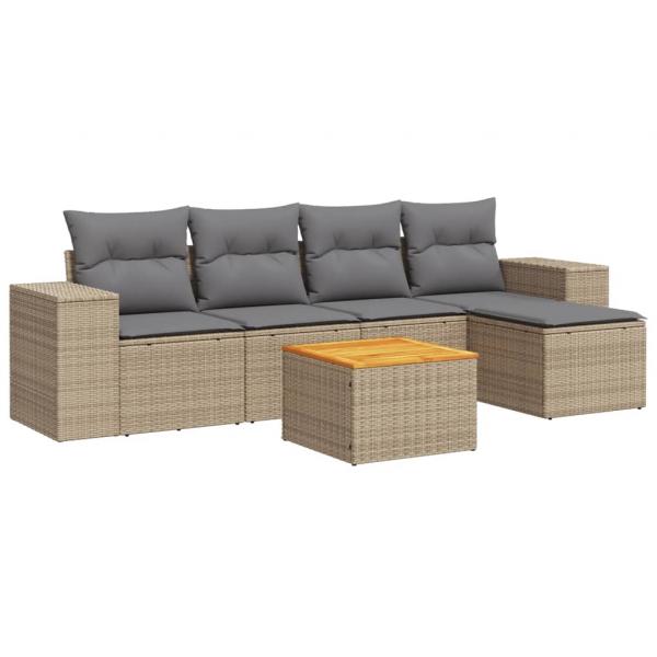 6-tlg. Garten-Sofagarnitur mit Kissen Beige Poly Rattan