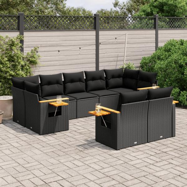 ARDEBO.de - 9-tlg. Garten-Sofagarnitur mit Kissen Schwarz Poly Rattan