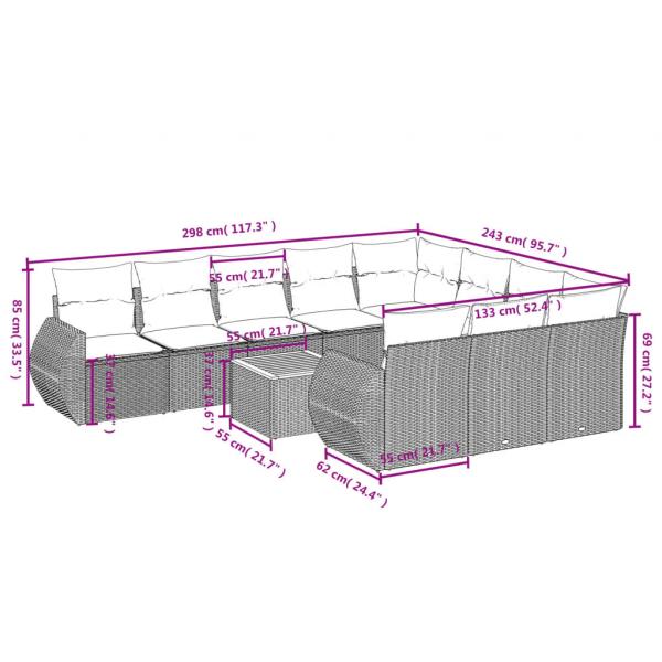 11-tlg. Garten-Sofagarnitur mit Kissen Grau Poly Rattan