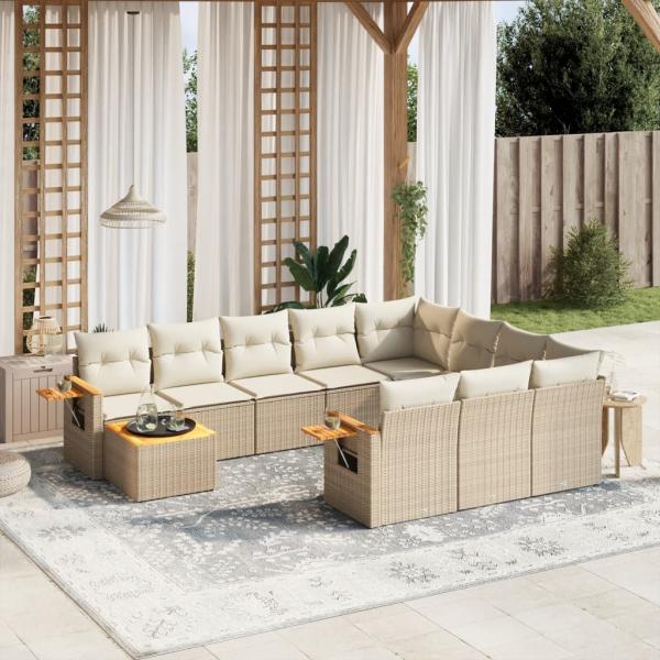 ARDEBO.de - 11-tlg. Garten-Sofagarnitur mit Kissen Beige Poly Rattan