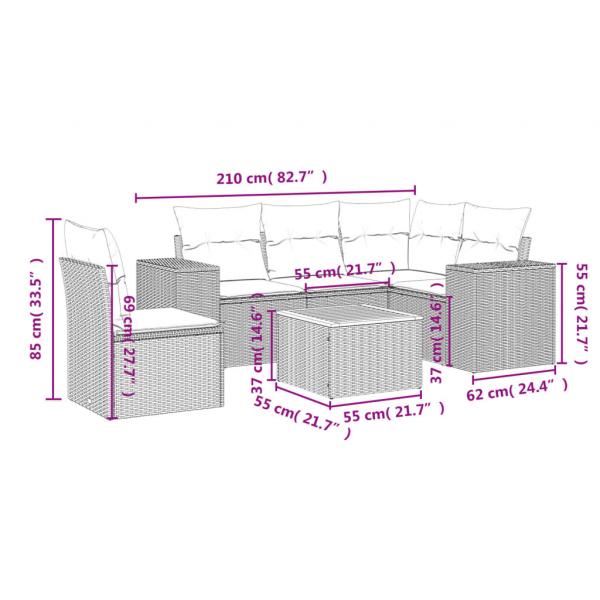 6-tlg. Garten-Sofagarnitur mit Kissen Grau Poly Rattan