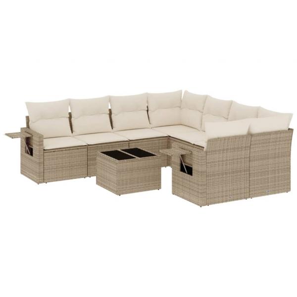 9-tlg. Garten-Sofagarnitur mit Kissen Beige Poly Rattan