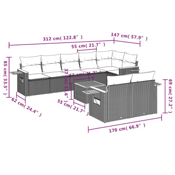 9-tlg. Garten-Sofagarnitur mit Kissen Beige Poly Rattan