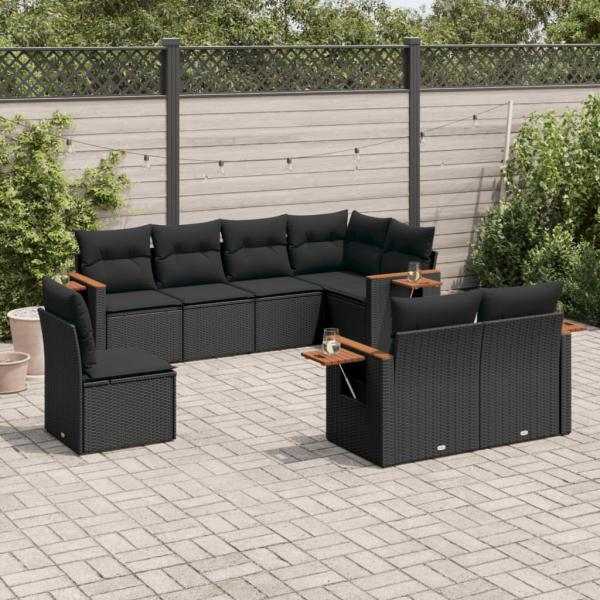 ARDEBO.de - 8-tlg. Garten-Sofagarnitur mit Kissen Schwarz Poly Rattan