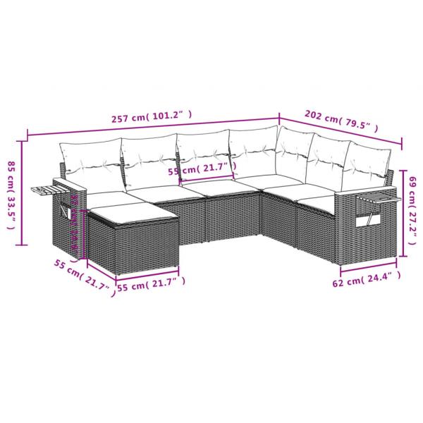 7-tlg. Garten-Sofagarnitur mit Kissen Grau Poly Rattan