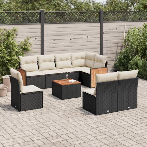 ARDEBO.de - 9-tlg. Garten-Sofagarnitur mit Kissen Schwarz Poly Rattan