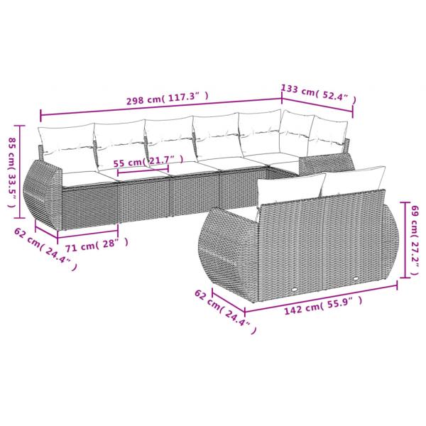 8-tlg. Garten-Sofagarnitur mit Kissen Grau Poly Rattan