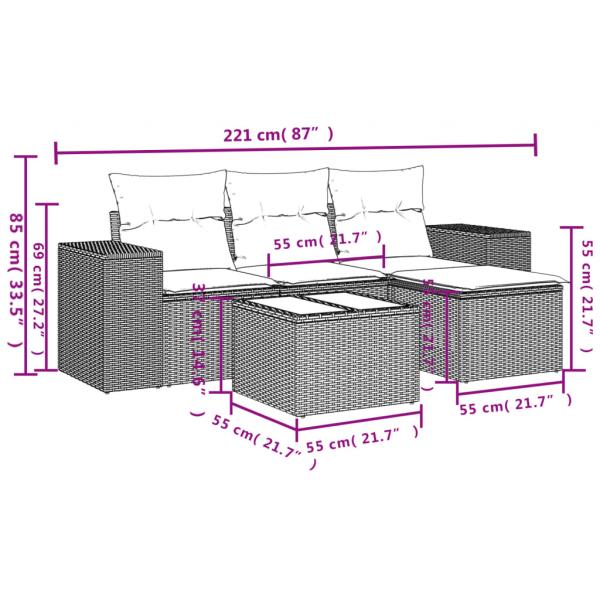 5-tlg. Garten-Sofagarnitur mit Kissen Schwarz Poly Rattan