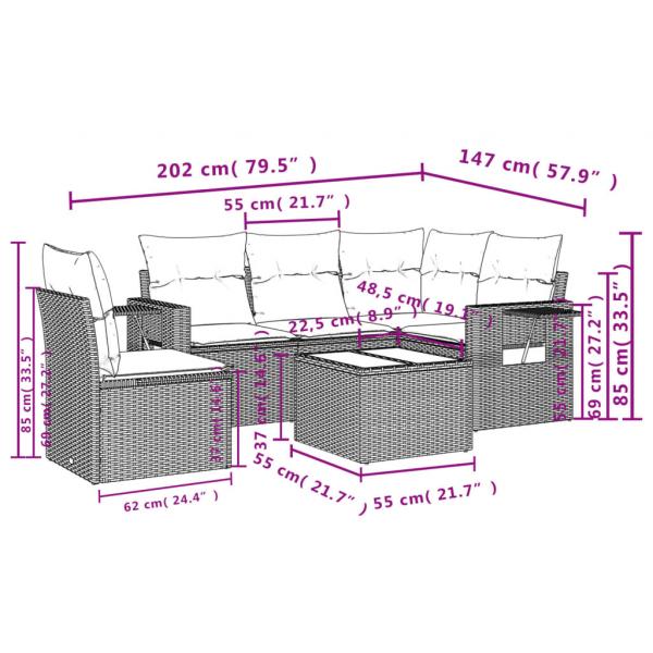 6-tlg. Garten-Sofagarnitur mit Kissen Grau Poly Rattan