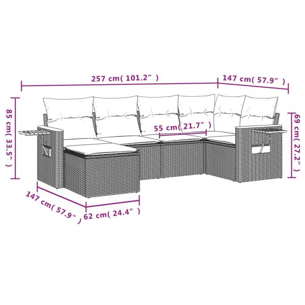 6-tlg. Garten-Sofagarnitur mit Kissen Grau Poly Rattan