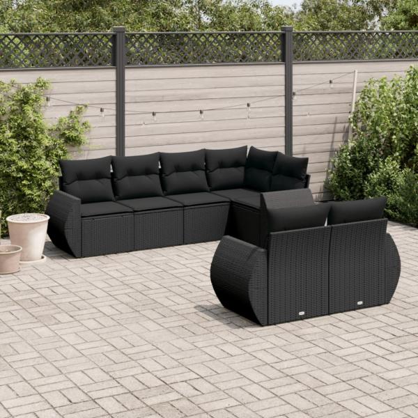 ARDEBO.de - 7-tlg. Garten-Sofagarnitur mit Kissen Schwarz Poly Rattan